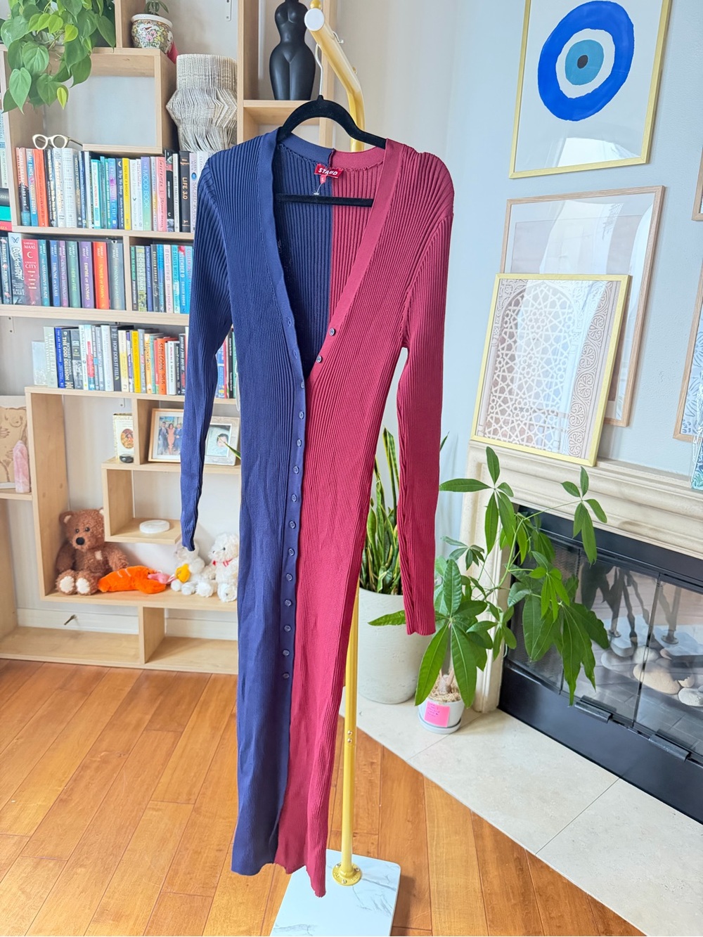 STAUD Two-Panel Ribbed Button-Front Maxi Dress in Navy & Burgundy